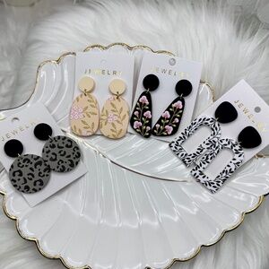 Set of Four Stylish Fashion Earrings, floral prints & leopard print